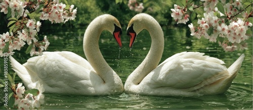 Fototapeta Naklejka Na Ścianę i Meble -  Two swans create a heart shape with their necks on a tranquil lake surrounded by blossoms.