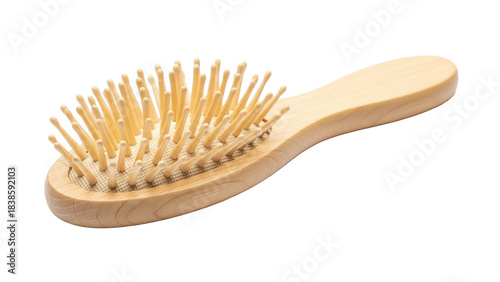 Isolated small wooden hair brush, clean natural bristles, white background