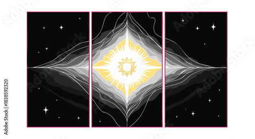 Abstract glowing starburst illuminates the cosmic expanse with ethereal light and swirling energy patterns.