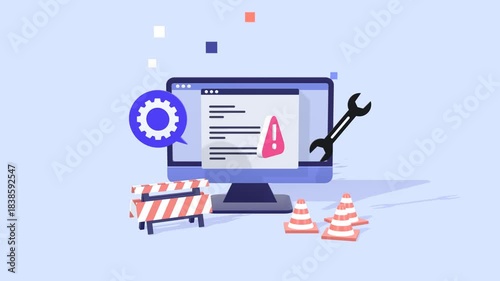 Animation Of A Website Under Maintenance Featuring Error Messages, Warning Signs, And Traffic Cones, Illustrating Technical Issues, Site Updates And And Repair Concepts.