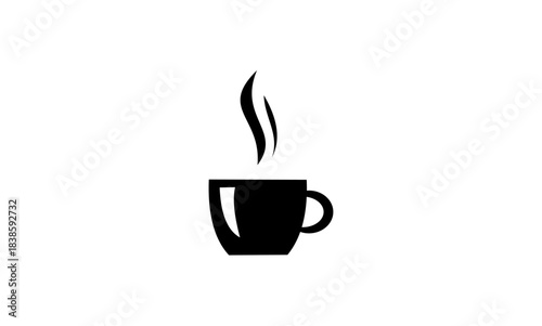 Minimalist black silhouette of a steaming hot coffee cup on a clean white background.