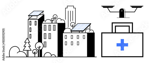 Renewable energy, urban development, security monitoring, telemedicine, delivery services, sustainability. Buildings with solar panels, quadcopter and medical supply box. Renewable energy and urban