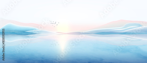 An art background featuring mountains and hills in cool tones, minimalist style, and watercolor texture. A natural banner for decor, prints, wallpaper, textiles, and interiors.