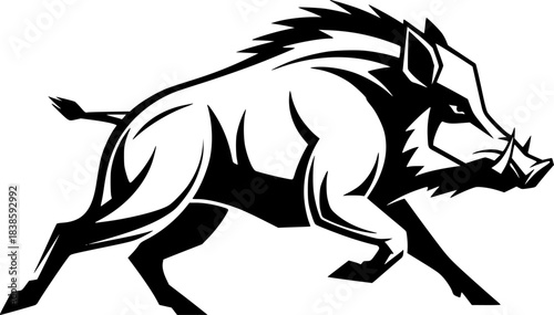 Dynamic black and white illustration of a running wild boar with artistic flair

