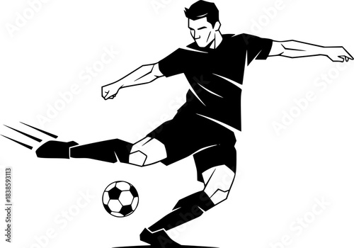 Dynamic monochrome illustration of a soccer player executing 