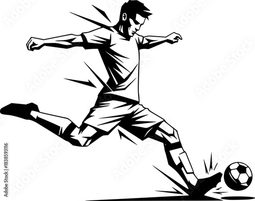 Dynamic monochrome illustration of a soccer player executing 