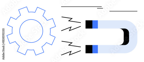 Gear and horseshoe magnet emitting energy lines, symbolizing mechanics, force, industry, and innovation. Ideal for technology, engineering, energy, physics automation power simple flat metaphor