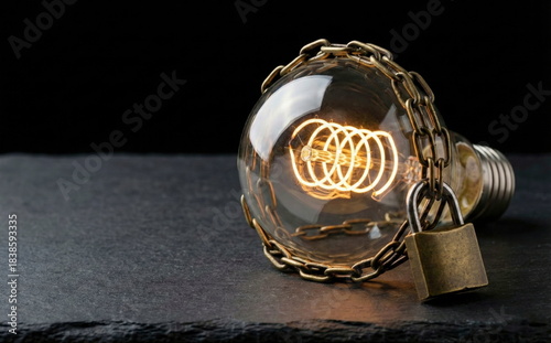 A lit vintage light bulb is chained and locked, symbolizing protected ideas, creative restriction, or suppressed innovation on a dark background.