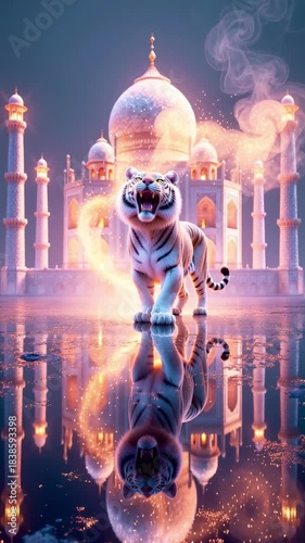 The magnificent Taj Mahal, reflected in the mirror-like surface of the water. A regal and proud white tiger stands before the Taj Mahal.