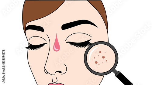 Close up of a woman's face showing skin blemishes and a magnifying glass examining pores in a medical illustration style with a pink droplet above the nose suggesting a treatment or concern