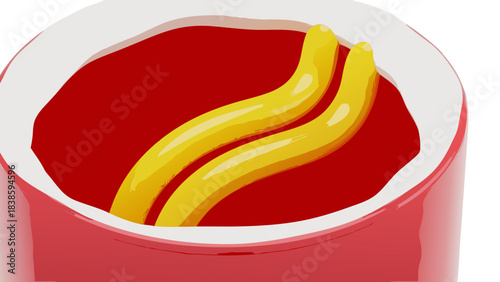 Close up of two golden yellow churros submerged in rich red sauce within a white cylindrical container with a red rim overhead view