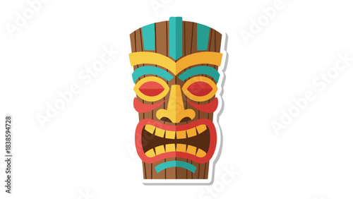 Colorful Tiki Idol Mask With Angry Expression And Wood Texture Against Black Background Flat Illustration