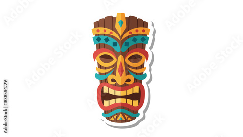 Colorful Tiki Mask Illustration with Intricate Patterns and Fierce Expression on a Black Background