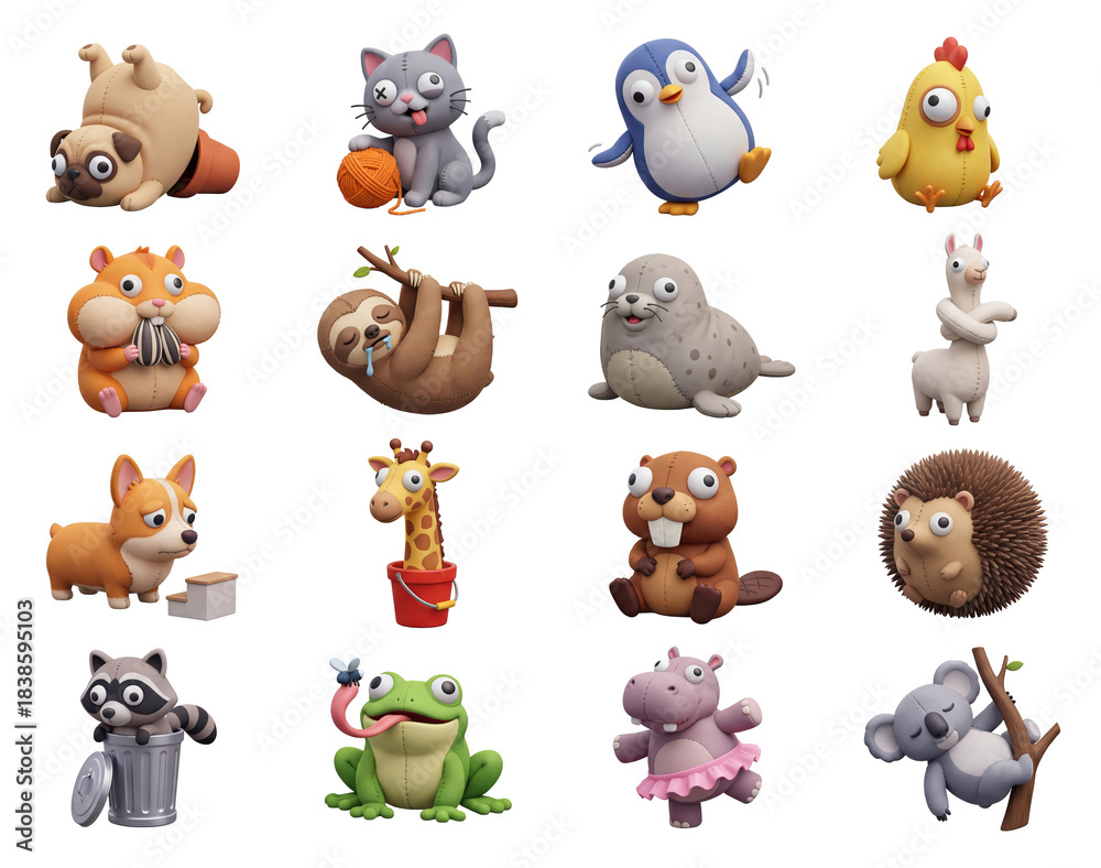 Fototapeta premium Funny 3D Animal Character Set with Crazy Expressions