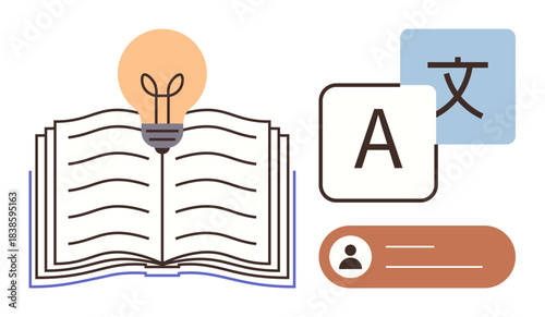 Open book with lightbulb symbolizing knowledge, language translation elements, and user profile graphic. Ideal for education, learning, creativity, translation, language study, personal growth