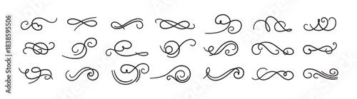 Vector Swirl Line Flourish Ornament Set. Curve Elegant Calligraphy Brush Swash. Hand-Drawn Elegant Vintage Line Element. Crayon Pencil Curve Florish.