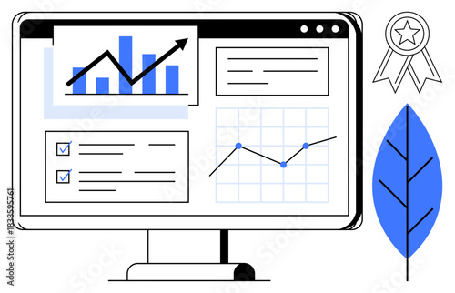 Business analytics, data visualization, progress tracking, performance evaluation, productivity tools, finance management. A screen displays graphical data, charts and checklists. Business analytics