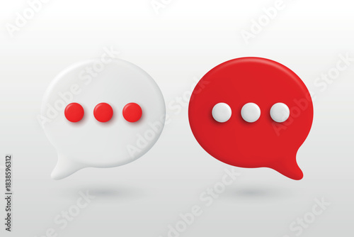 Vector 3d White and Red Chat Bubbles. Speech Balloons with Dots. Modern Messenger Icon, Communication Symbol, Chat App UI Element, Social Media Message Design Template