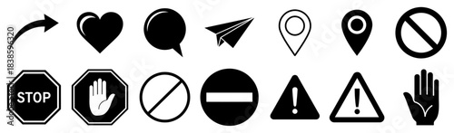 Universal web interface and warning icon set featuring social media symbols location pins and traffic safety signs in black silhouette