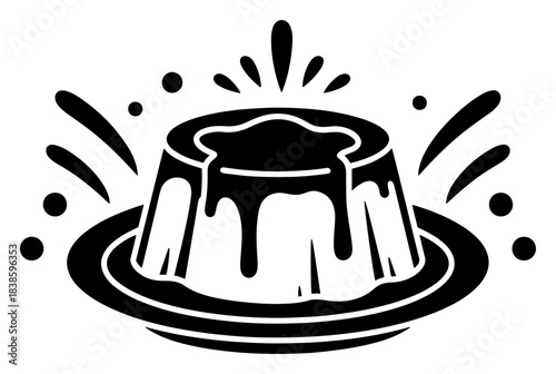 Sweet caramel flan pudding with dripping sauce and splash on plate vector silhouette