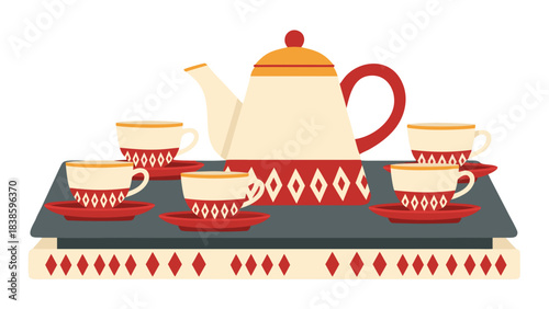 Cozy Afternoon Tea Set With White Ceramic Teapot And Four Red And White Patterned Cups And Saucers On A Dark Tray With Decorative Trim