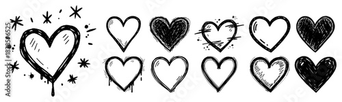 Set of hand drawn grunge hearts vector illustration collection of love symbols in sketch style