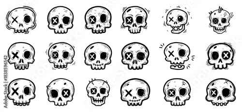Hand drawn skull vector collection featuring funny and spooky skeleton heads in rough doodle sketch style for halloween or tattoo design