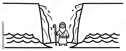 Moses parting the Red Sea biblical illustration Prophet with staff dividing water vector line art