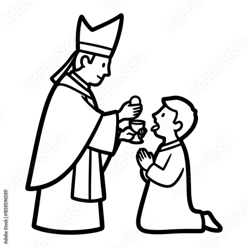First Holy Communion sacrament vector illustration Bishop giving Eucharist to kneeling boy line art