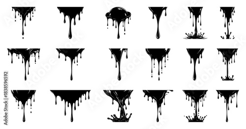 Set of dripping paint or liquid vector silhouettes black fluid drops and splashes collection