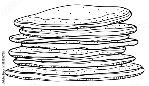 Stack of flatbread vector illustration representing pile of tortillas pancakes or chapati in hand drawn sketch style for bakery menu