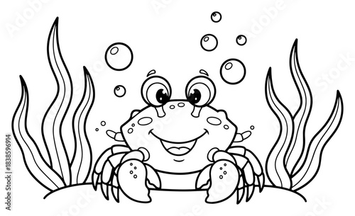 Cute smiling crab underwater with seaweed and bubbles vector illustration for children coloring page