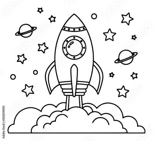 Space rocket launch among stars and planets vector illustration for kids coloring book