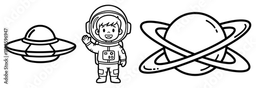 Cute astronaut boy vector character with flying saucer ufo and ringed planet in cartoon doodle style for children space design