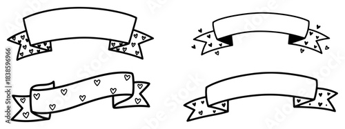 Hand drawn ribbon banner set with heart decoration Romantic scroll frame vector illustration doodle