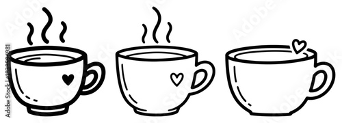 Hand drawn coffee cup set with heart symbol and steam Hot tea mug romantic vector illustration doodle