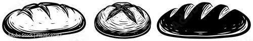 Three rustic bread loaves collection vector illustration in vintage woodcut style