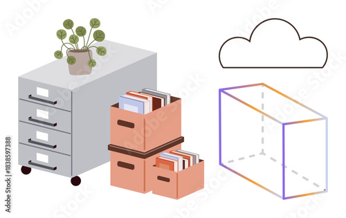 Desk drawer with potted plant, file boxes, cloud symbol, 3D digital interface outline. Ideal for storage, workspace, archive, digital transformation, technology cloud computing minimalist flat