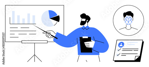 Person presenting data on charts and diagrams with clipboard, face identification, and document checklist. Ideal for technology, analysis, business, innovation, AI trends, biometrics simple flat
