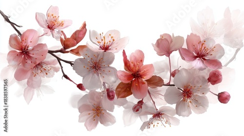 A delicate branch of cherry blossoms showcases various shades of pink in full bloom. The flowers evoke a sense of tranquility typical of a serene spring day.