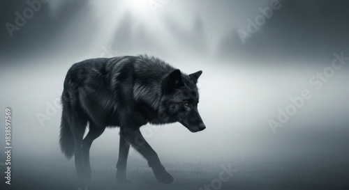 Mysterious Black Wolf Walks Through Foggy Forest.