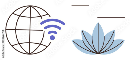 Globe with wireless signal and lotus flower representing technology, global connection, mindfulness, and balance. Ideal for communication, technology, wellness, meditation, self-care harmony