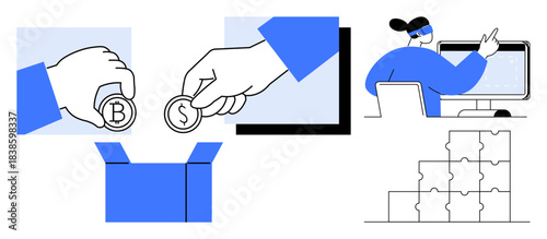 Cryptocurrency concept. Illustration showcases digital transactions and financial technology using Bitcoin and Dollar coins. Cryptocurrency highlights evolving digital payments. For fintech, online