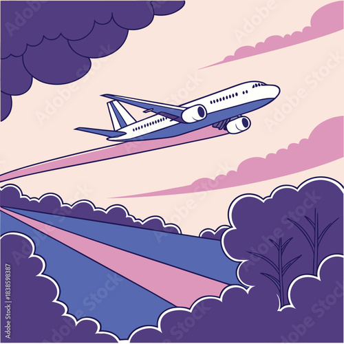Airplane soaring through the sky leaving a colorful trail a symbol of travel.