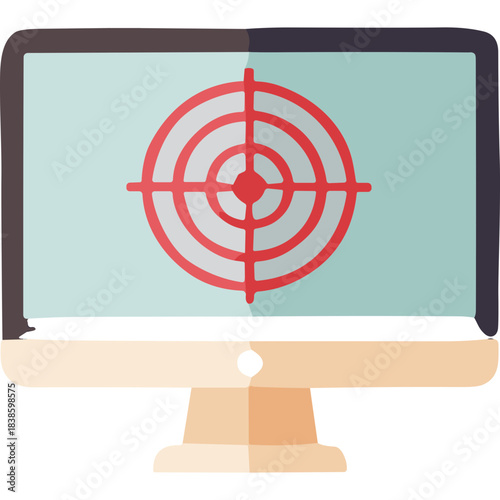 Computer Monitor Displaying A Red Target Crosshair Symbol On A Light Blue Screen With A Stylized Bezel And Stand In Flat Design Style