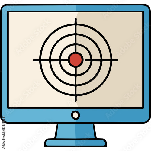 Computer Monitor Displaying a Target Reticle With a Red Bullseye Over a Pale Beige Screen and a Light Blue Bezel and Stand Minimalist Digital Graphic Illustration