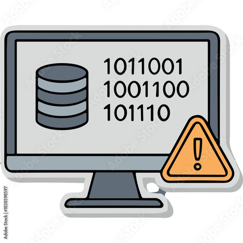 Computer Monitor Displaying Binary Code With Database Icon And Warning Sign On A Grey Background With A White Border Vector Graphic Illustration