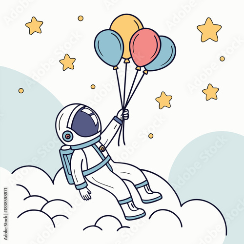 Astronaut floating with balloons in space a whimsical illustration.