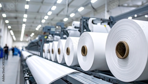 Industrial machinery with large rolls of white material ready for production in a modern manufacturing factory.