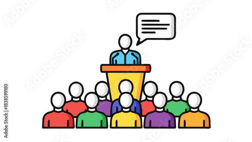 Diverse Audience Listens Attentively to Speaker at Podium With Speech Bubble in Colorful Business Conference Room Vibrant Presentation Flat Design Style